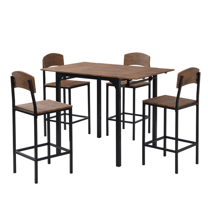 5-piece Farmhouse Counter Height Dining Table Set - Black Frame+Brown Tabletop