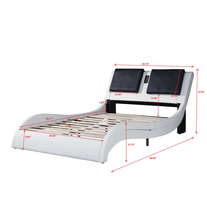 Queen Size Faux Leather Upholstered Platform Bed Frame with led lighting and Bluetooth connection - White