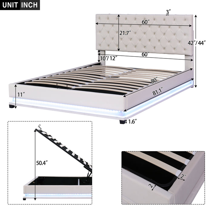 Queen Size Storage Upholstered Platform Bed with Adjustable Tufted Headboard and LED Light - Beige