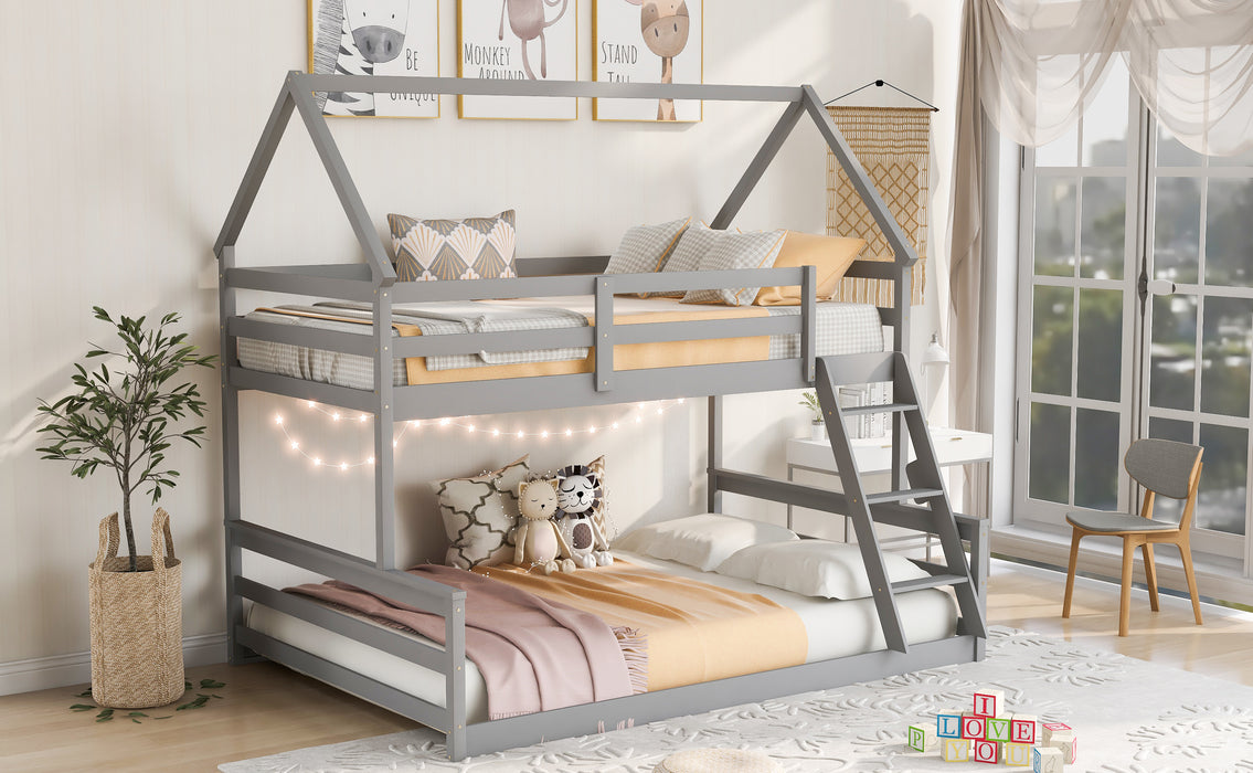 Twin over Full House Bunk Bed with Built-in Ladder - Gray