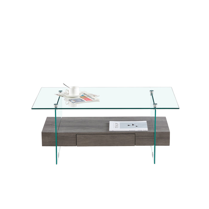 Tempered Glass Coffee table with Dual Shelves and Drawer - transparent/gray