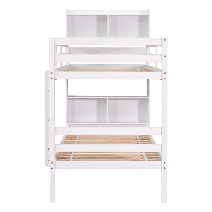 Twin Over Twin Bunk Beds with Bookcase Headboard - White