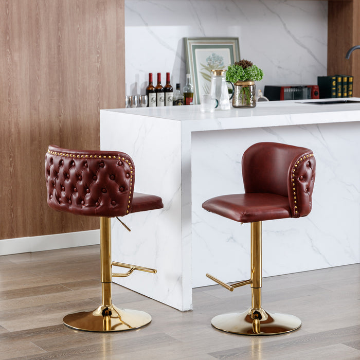 Modern PU Upholstered Bar Stools with whole Back Tufted - Burgundy (Set of 2）