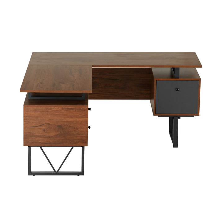 Reversible L-Shape Computer Desk with Drawers and File Cabinet, Walnut