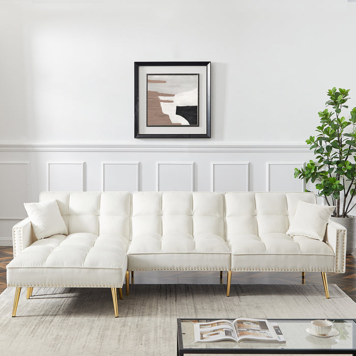 Velvet Upholstered Reversible Sectional Sofa Bed , L-Shaped Couch with Movable Ottoman - cream white