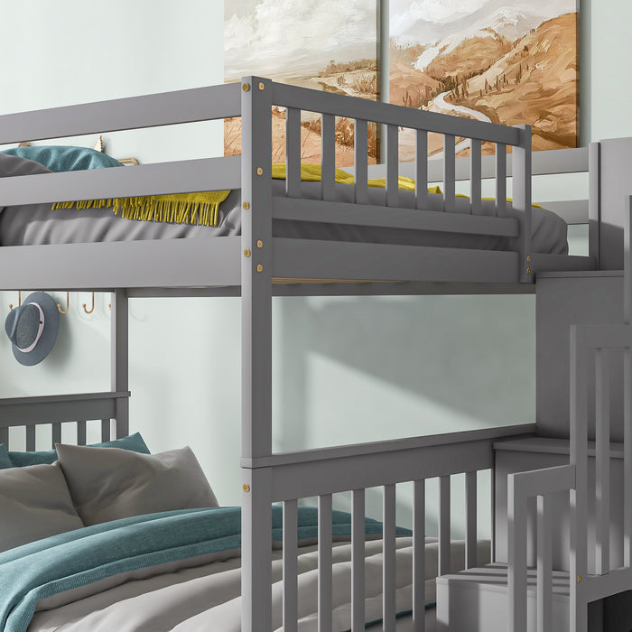 Full Over Full Bunk Bed with 2 Drawers and Staircases - Grey