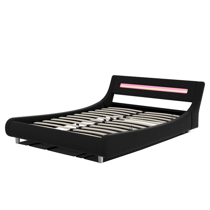 Full Size Low Profile Upholstered Platform Bed with LED headboard. - Black