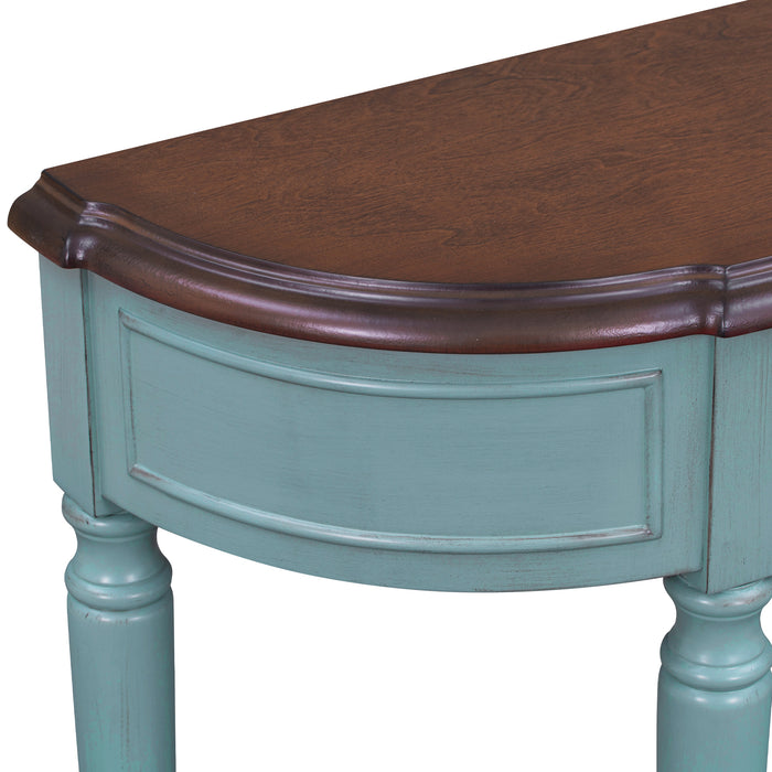 Retro Circular Curved Design Console Table with Open Style Shelf - Cherry + Antique Blue