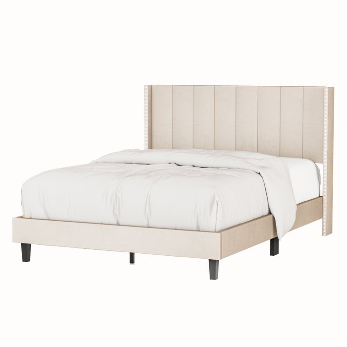 Queen Size Velvet Upholstered Bed Frame with Vertical Channel Tufted Headboard - Beige